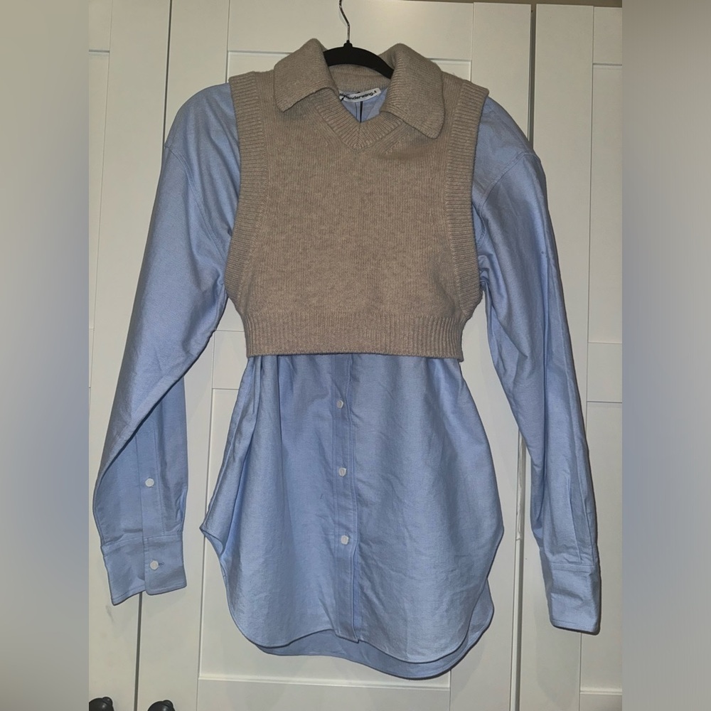 Alexander Want Blue Shirt with Tan Knit Vest XS